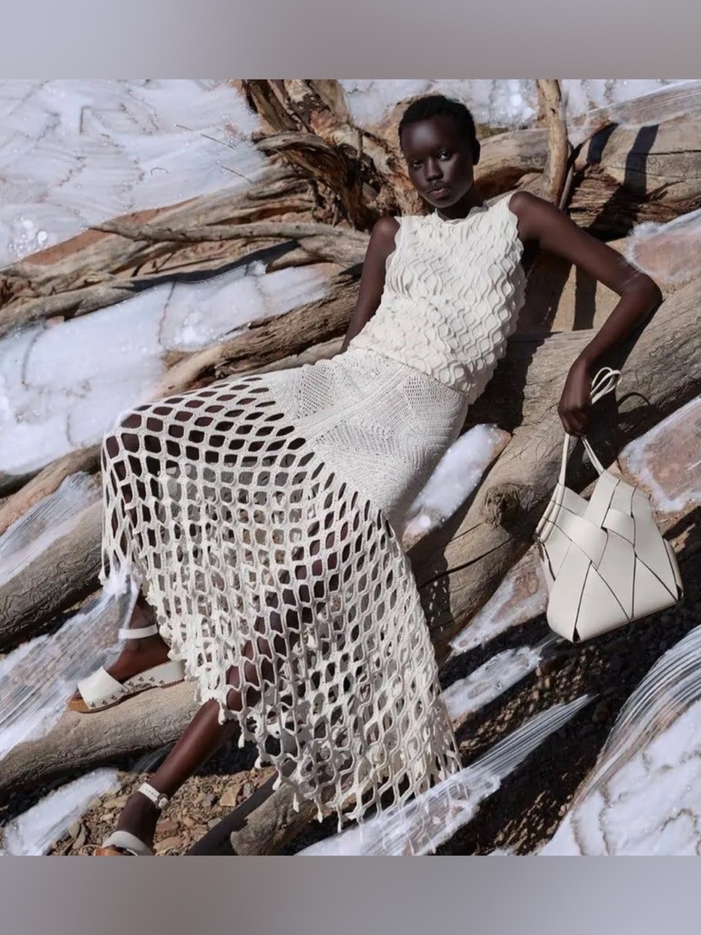 Cream Crochet Knit Cotton Maxi Skirt